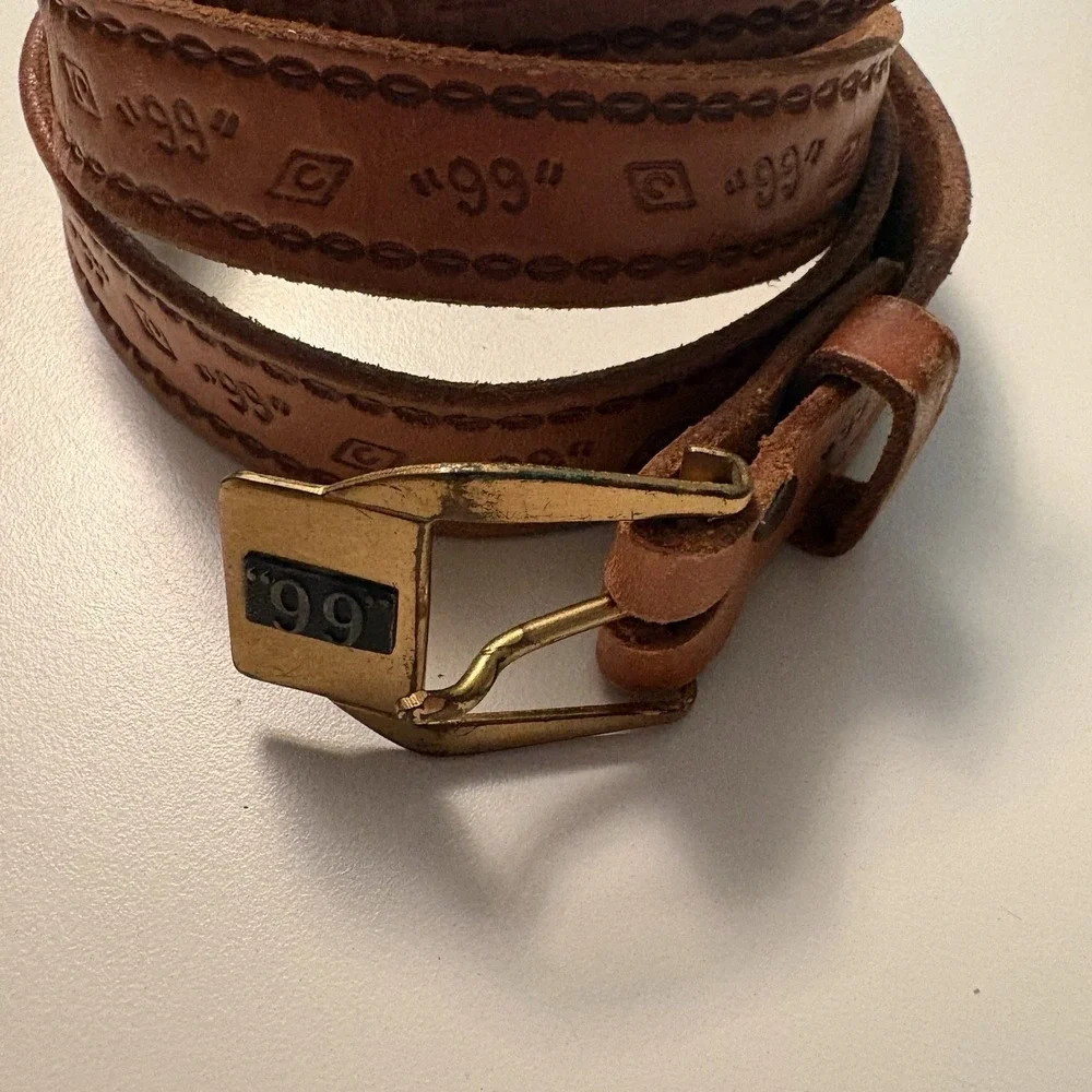 Vintage Justin Western Leather Belt Brass Buckle Sz 38 